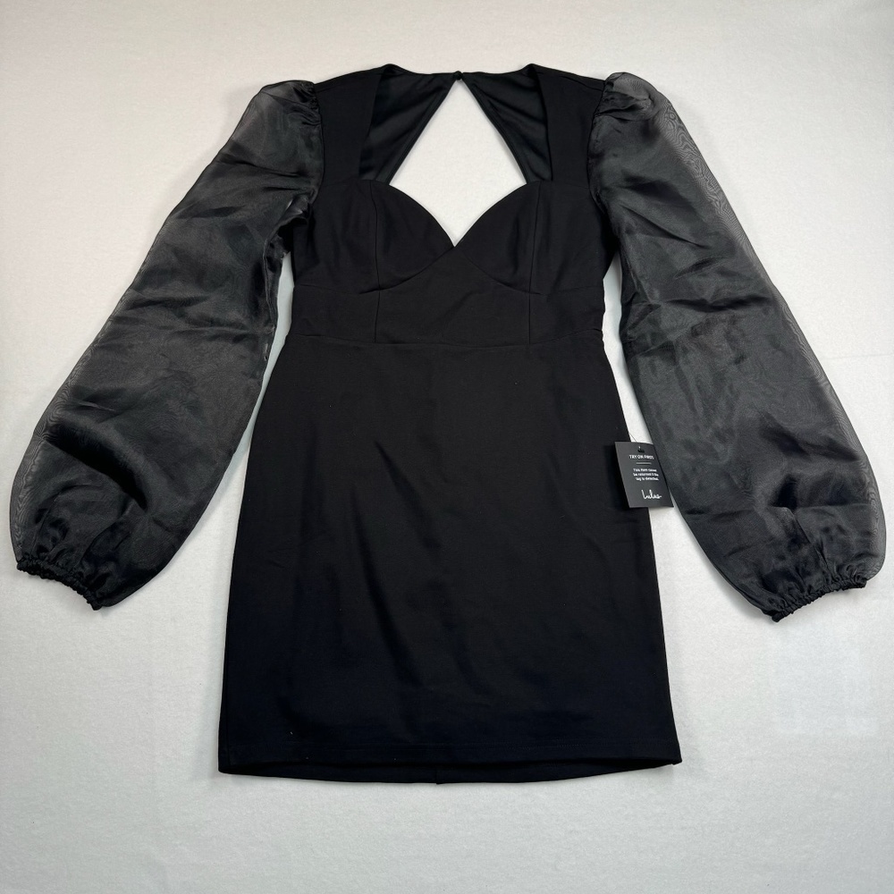 Lulus Black Bodycon Mini Dress Womens Size Medium Balloon Sleeve NWT Open Back